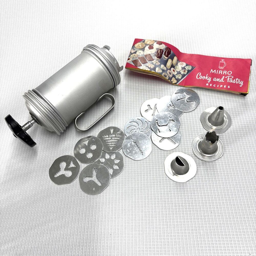 Mirro Vintage 1950s Pastry Cookie Press No. T-311 Decorator w/ 3 Tips + 12 Discs